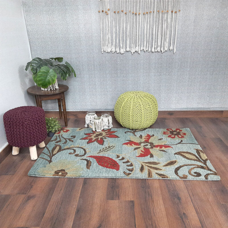Wool Floral Beautiful Hand Tufted Carpet | Loop Pile | Avioni -90cm x 150cm (~3×5 Feet)