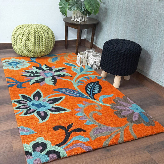 Wool Floral Beautiful Hand Tufted Orange Carpet | Loop Pile Rug | Avioni -90cm x 150cm (~3×5 Feet)