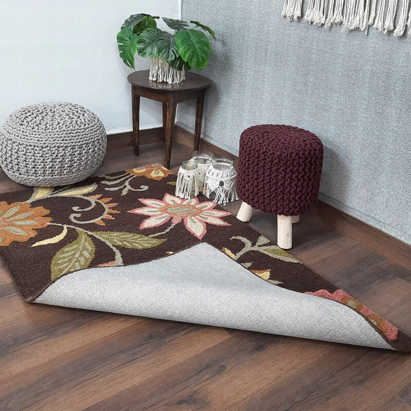 Wool Floral Beautiful Hand Tufted Carpet | Brown Loop Pile Rug | Avioni -90cm x 150cm (~3×5 Feet)