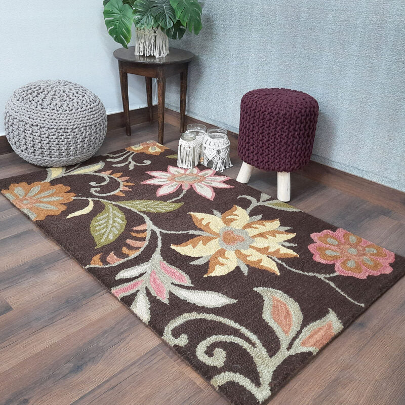 Wool Floral Beautiful Hand Tufted Carpet | Brown Loop Pile Rug | Avioni -90cm x 150cm (~3×5 Feet)