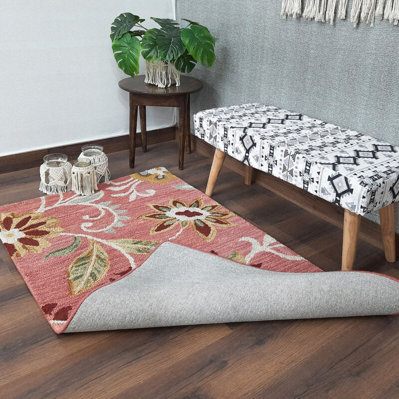 Wool Floral Beautiful Light Pink Tone Hand Tufted Carpet | Loop Pile Rug | Avioni -90cm x 150cm (~3×5 Feet)