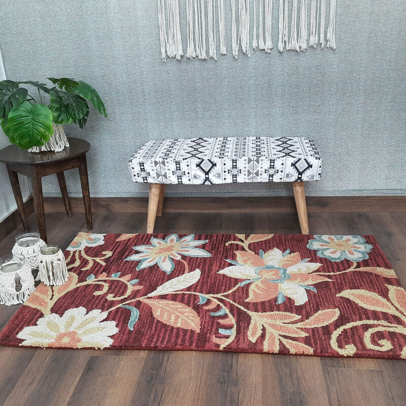 Wool Floral Beautiful Brown Tone Hand Tufted Carpet | Loop Pile Rug | Avioni -90cm x 150cm (~3×5 Feet)