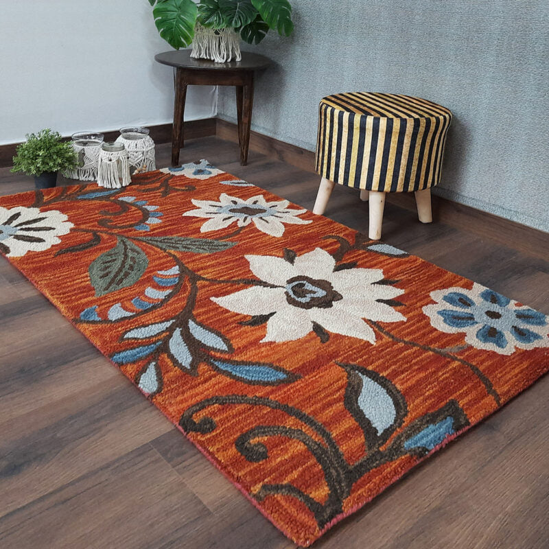 Wool Floral Beautiful Hand Tufted Brown Tone Carpet | Loop Pile Rug | Avioni -90cm x 150cm (~3×5 Feet)