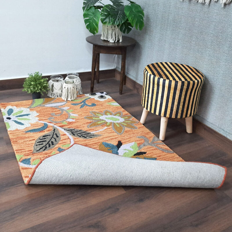 Wool Floral Beautiful Hand Tufted Light Brown Tone Carpet | Loop Pile Rug | Avioni -90cm x 150cm (~3×5 Feet)