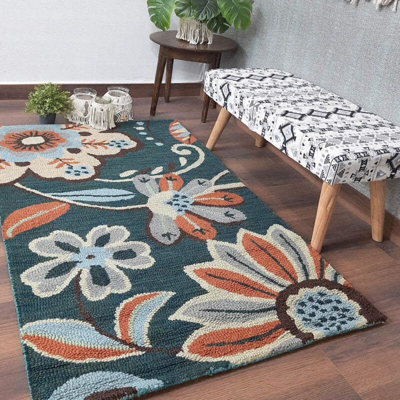 Wool Floral Hand Tufted Beautiful Carpet | Loop Pile Rug | Avioni -90cm x 150cm (~3×5 Feet)