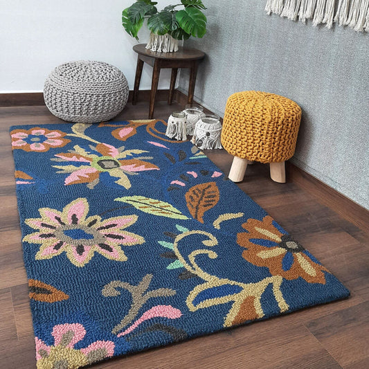 Wool Hand Tufted Beautiful Floral Blue Cozy Carpet | Loop Pile | Avioni -90cm x 150cm (~3×5 Feet)