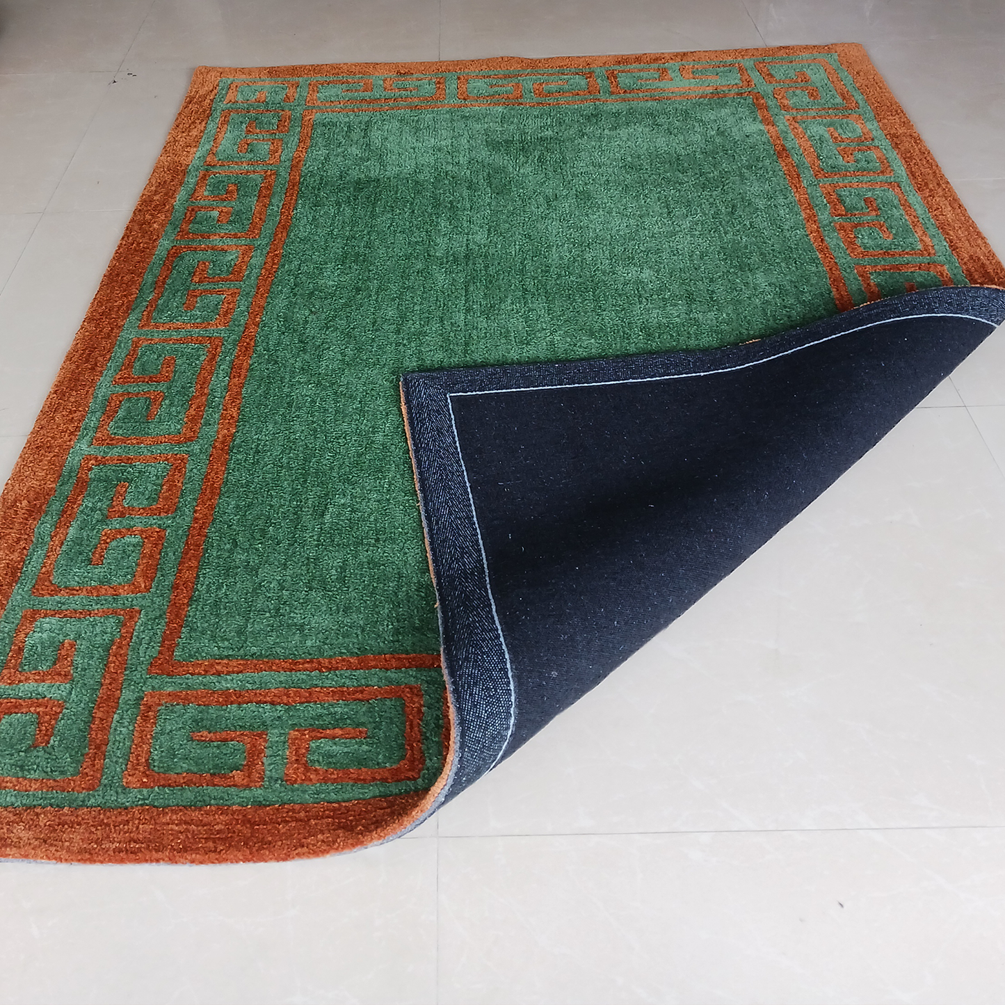 Avioni Luxury Collection- Plush Luxury Green and Golden Mustard Carpet with Greek Border Design -Different Sizes- Carpet for Living Room