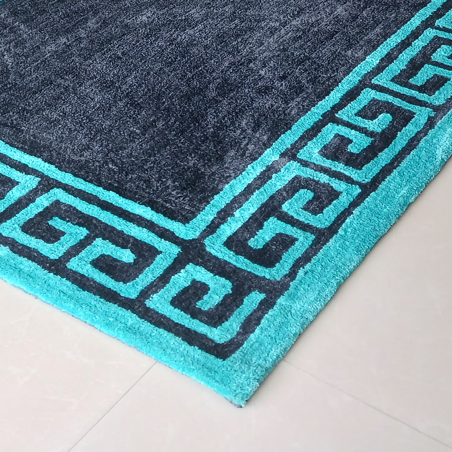 Avioni Luxury Collection- Plush Luxury Grey and Turquoise shades Carpet with Greek Border Design -Different Sizes- Carpet for Living Room