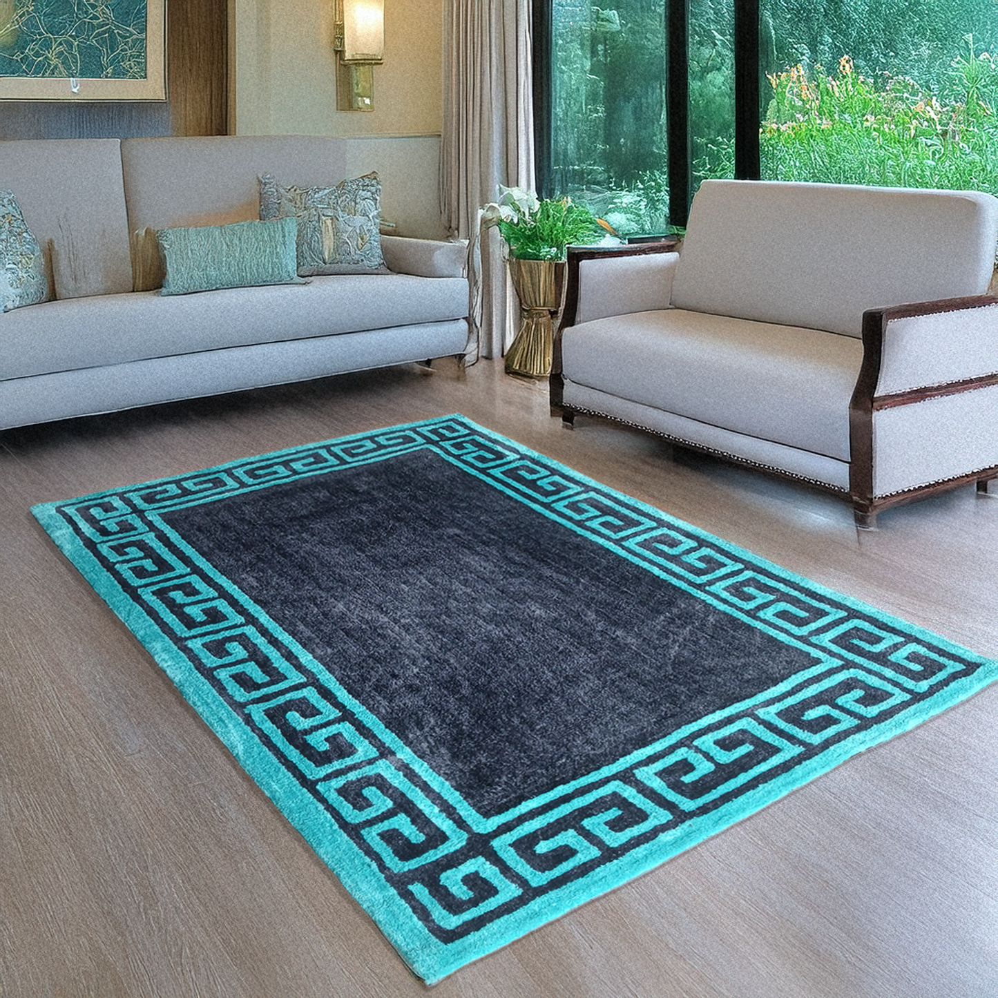 Avioni Luxury Collection- Plush Luxury Grey and Turquoise shades Carpet with Greek Border Design -Different Sizes- Carpet for Living Room