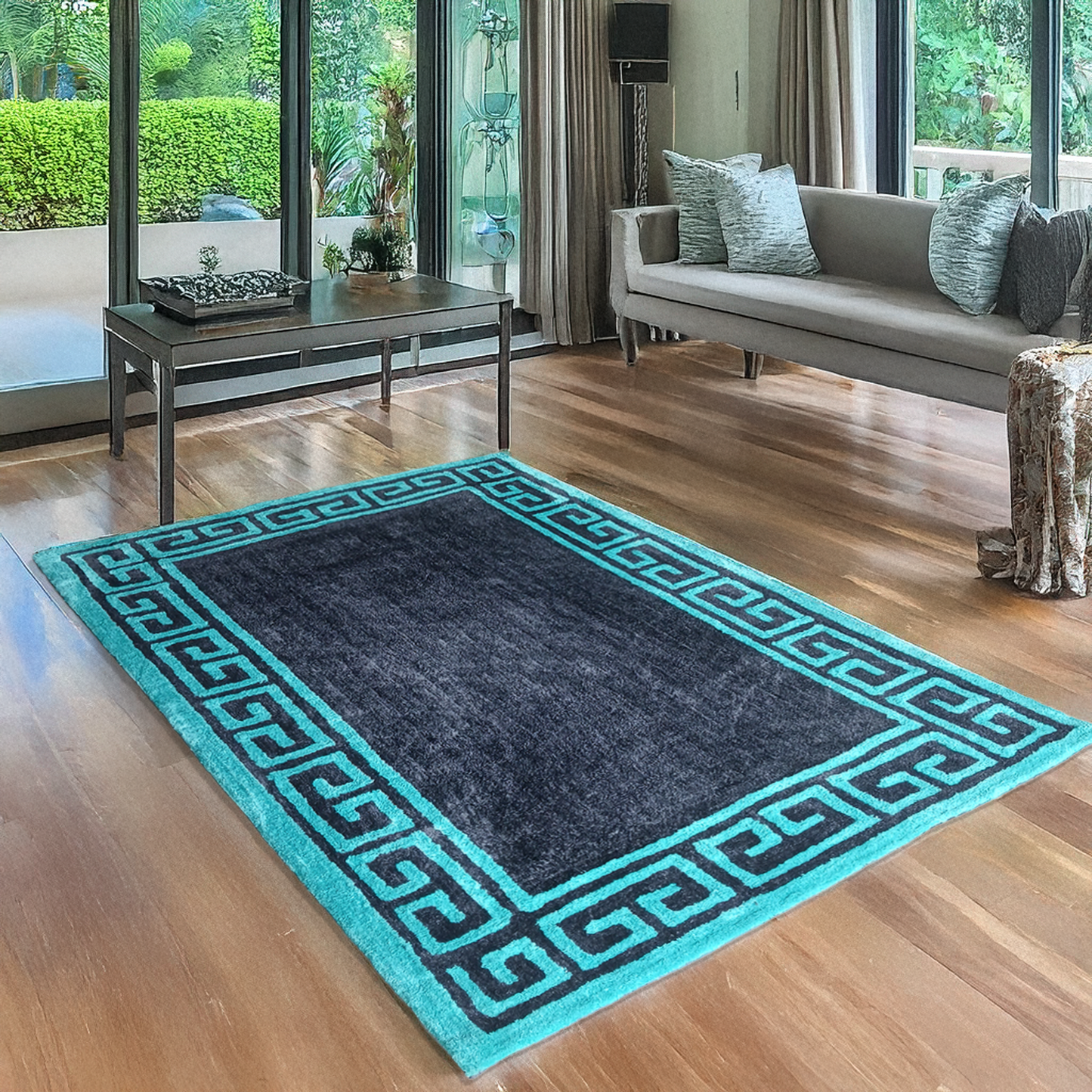 Avioni Luxury Collection- Plush Luxury Grey and Turquoise shades Carpet with Greek Border Design -Different Sizes- Carpet for Living Room