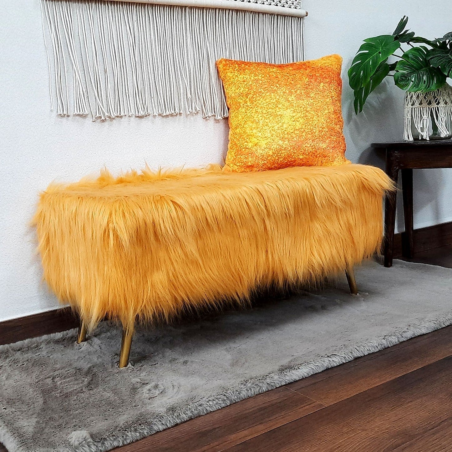 Noviato Collection – Amber Premium Long Faux Fur Bench Gold Metal Legs Modern On-Trend Style Multi-Functional Ottoman Bench Seat, 90 cm length x 40 cms Width/Height | from Avioni