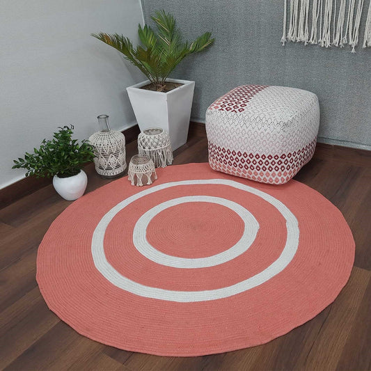 Avioni Cotton Rugs Braided Round- Pinkish Orange – 120 cms (4 Feet)
