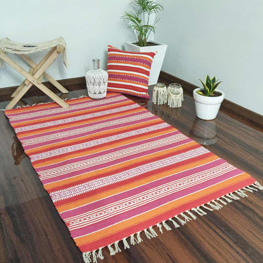 Avioni Cotton Carpets Handweaved Exclusively on Loomkart (Orange Family-Multicoloured)- 90cm x 150cm (~3×5 Feet)