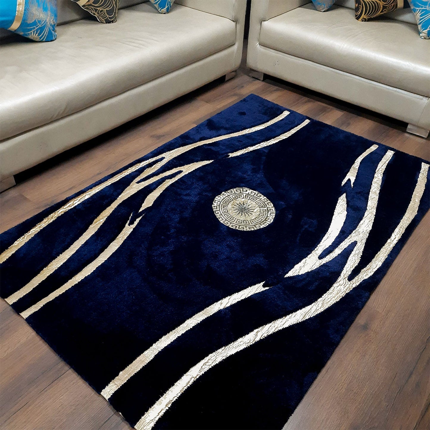 Avioni Divine Collection | Luxury Golden Touch With Blue Cross Design Soft And Plush Handmade Living Room Rugs | Different Sizes | Carpet for Living Room