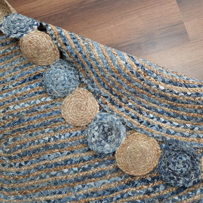 Avioni Home Contemporary Collection -Handmade Jeans With Jute Round Tikki Oval Shaped – Multiple Sizes