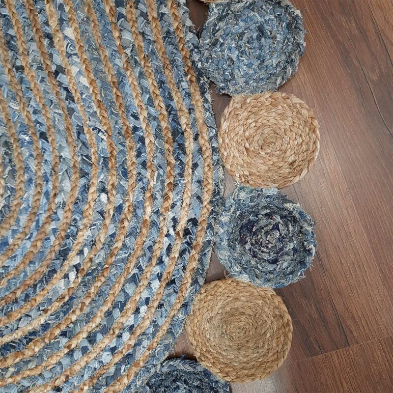 Avioni Home Contemporary Collection -Handmade Jeans With Jute Round Tikki Oval Shaped – Multiple Sizes