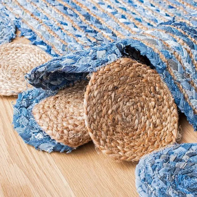 Avioni Home Eco Collection – Denim & Jute Braided Rug with Round Circle Border-122 cms x 182 cms