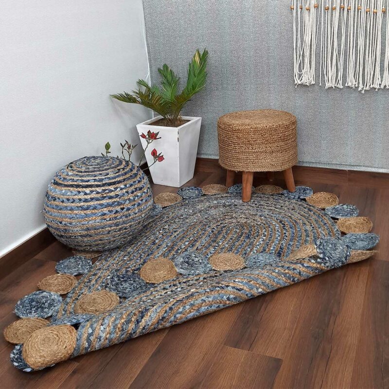 Avioni Home Contemporary Collection -Handmade Jeans With Jute Round Tikki Oval Shaped – Multiple Sizes