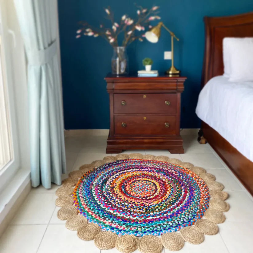 Jute With Chindi Floral Mat – Natural Rugs – Braided Area Rug – – Handmade – 120cm (~4 feet) Round – Avioni Premium Eco Collection