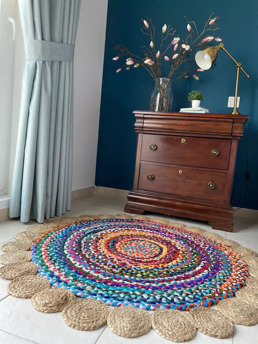 Jute With Chindi Floral Mat – Natural Rugs – Braided Area Rug – – Handmade – 120cm (~4 feet) Round – Avioni Premium Eco Collection