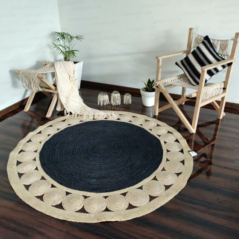 Jute Mat – Natural Rugs – Braided Area Rug – Grey With Jute Border – Handmade & Unbleached – 150cm (~5 feet) Round- Avioni Premium Eco Collection-XXL SIZE