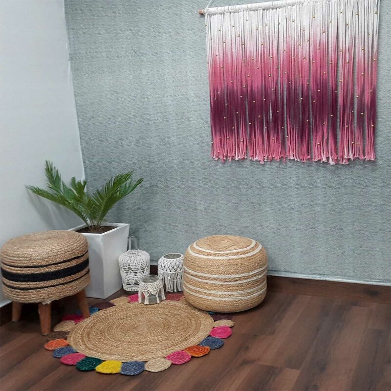 Jute Carpet – Braided Area Rugs – Circular Rug with Contemporary Colored Pattern over Natural Handmade unbleached Centre – 110 cm Diameter – Avioni