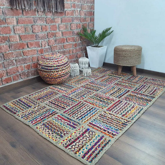 Avioni Home Contemporary Collection| Eco-friendly Recycled Chindi And Jute & Jute Handmade Braided Area Rug | Multiple Square Design | Multiple Sizes