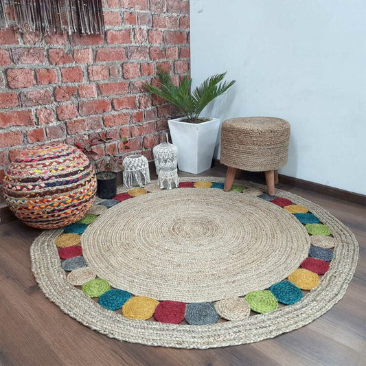 Jute Carpet – Braided Area Rugs – Circular Rug with Contemporary Colored Pattern over Natural Handmade unbleached Centre – 150 cm Diameter – Avioni