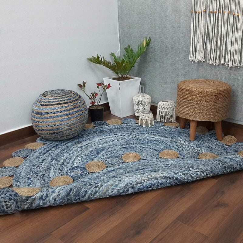Avioni Home Contemporary Collection -Handmade Jeans With Jute Round Tikki – Multiple Sizes