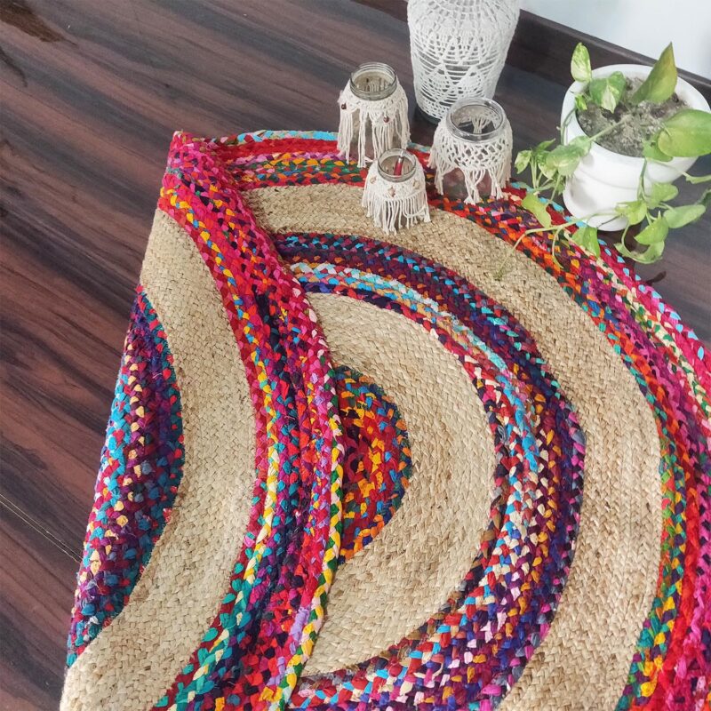 Braided Rug in Ecofriendly Recycled Cotton Chindi and Jute – Colorful Contemporary Design – 120cm (~4 feet) Diameter- Avioni Premium Eco Collection