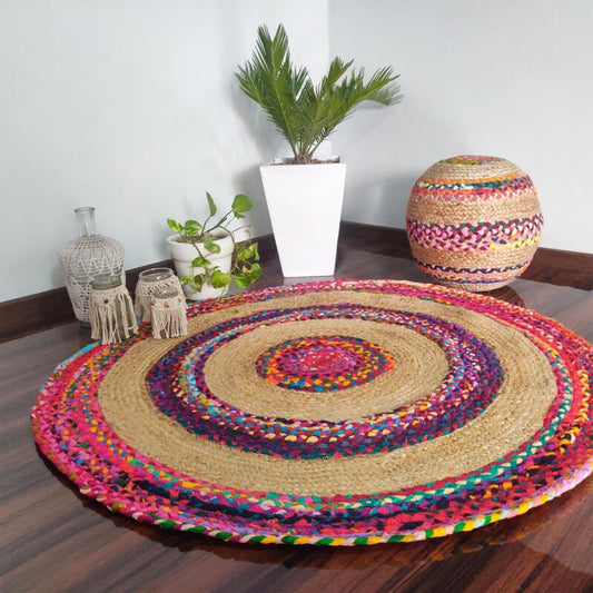 Braided Rug in Ecofriendly Recycled Cotton Chindi and Jute – Colorful Contemporary Design – 120cm (~4 feet) Diameter- Avioni Premium Eco Collection