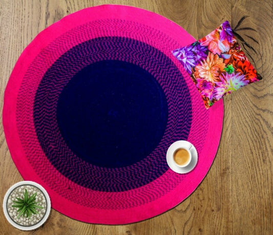 Avioni Cotton Braided Flower Look Pink And Blue Area Rug (Warm Look For Winters) 140CMS (Diameter) round, “Nature Collection”