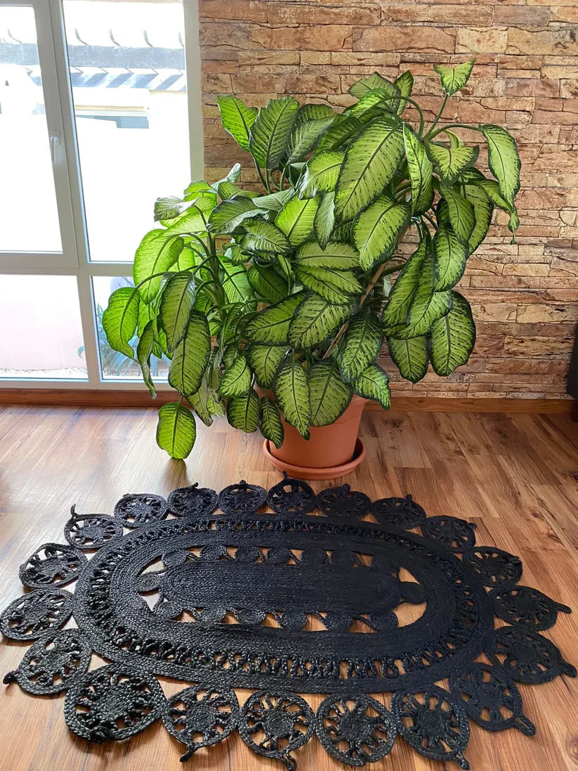 Avioni Braided Black Dyed Jute Ecofriendly Carpet Temple Design Oval Shape-Boho Collection- 120 cm x 180 cm (~4 feet X 6 feet)