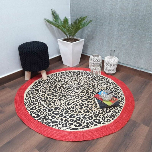 Avioni Jute Braided Printed Carpet in Tiger Print Design -120 Cms Round