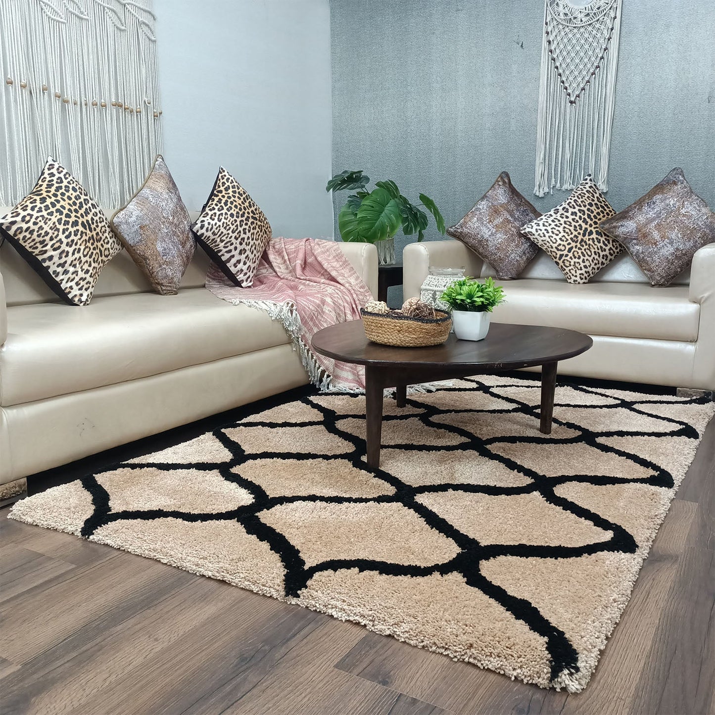 Avioni Home Atlas Collection - Moroccan Style Microfiber Carpet In Beige and Black | Soft, Non-Slip, Easy to Clean