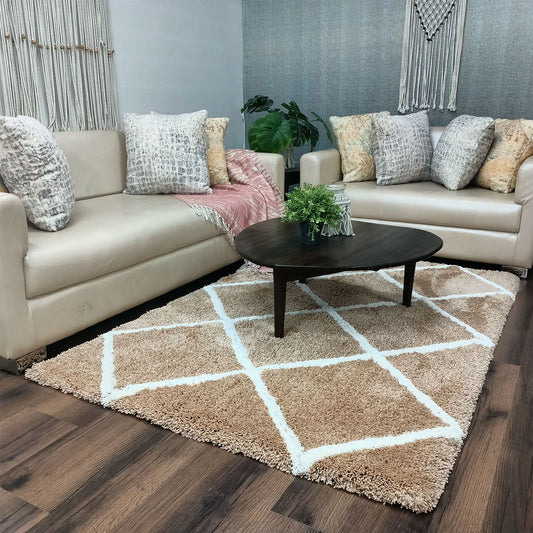 Avioni Home Atlas Collection - Moroccan Style Microfiber Carpet In Beige and White | Soft, Non-Slip, Easy to Clean