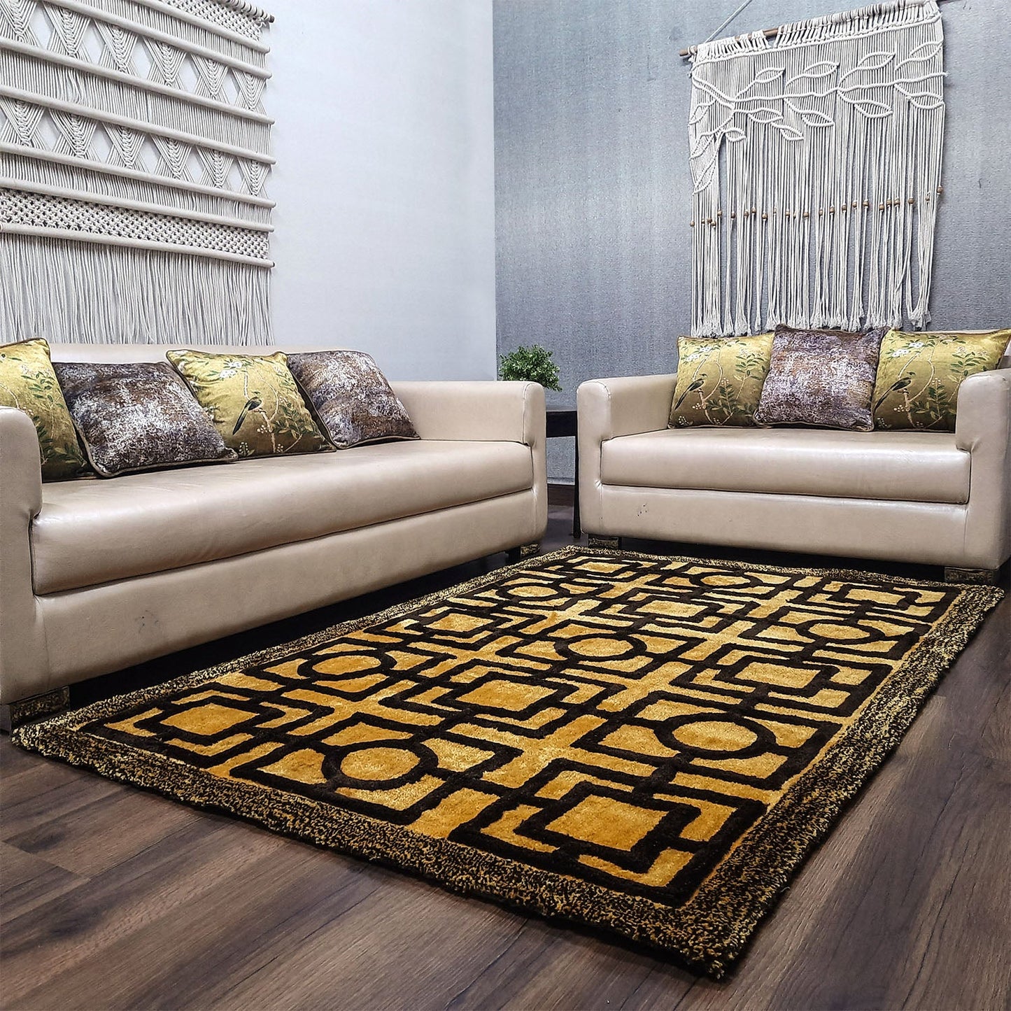 Avioni Modern Collection- Micro Dark Coffee & Yellow/Mustard With Geometric Design Tufted Carpet-Different Sizes Shaggy Fluffy Rugs and Carpet for Living Room