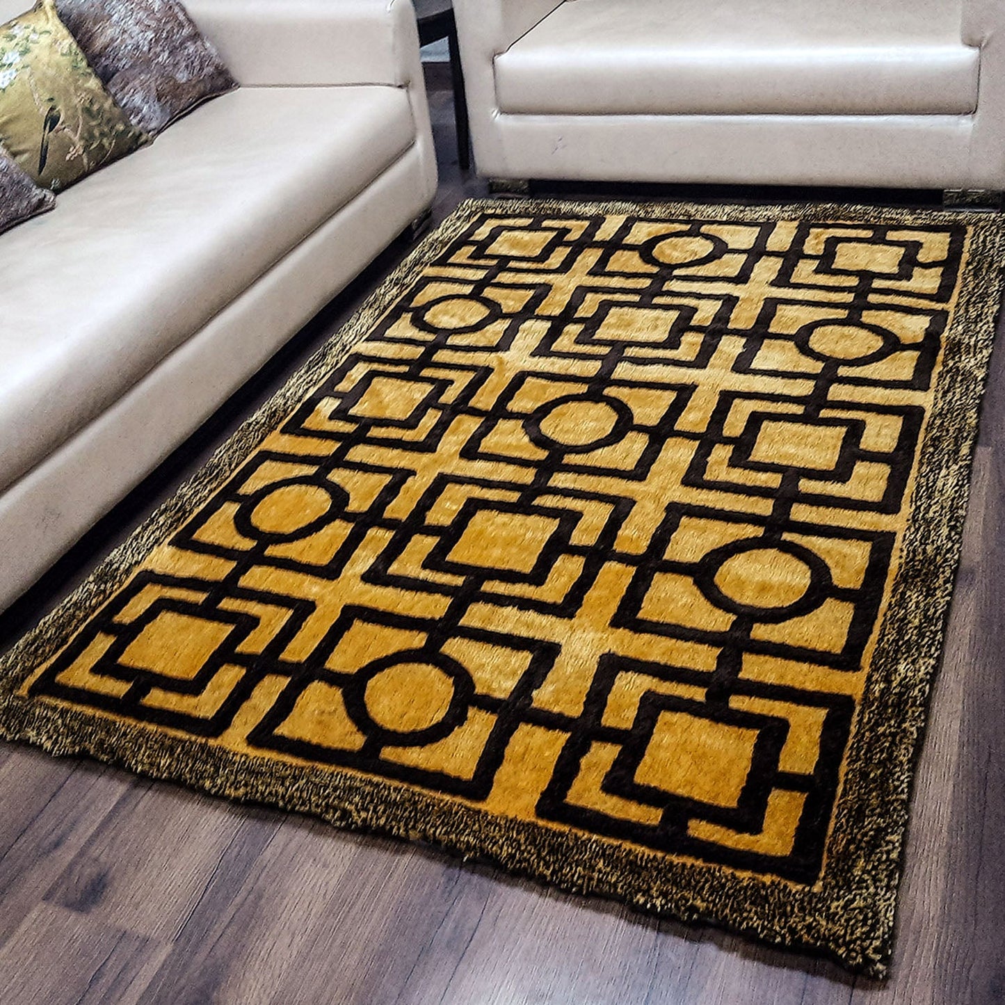 Avioni Modern Collection- Micro Dark Coffee & Yellow/Mustard With Geometric Design Tufted Carpet-Different Sizes Shaggy Fluffy Rugs and Carpet for Living Room