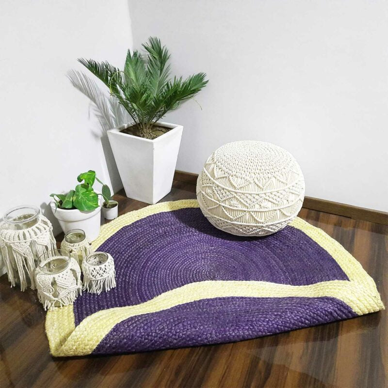 Jute Mat – Natural Rugs – Braided Area Rug – Grape- Voilet With Border – Handmade & Unbleached – Avioni Premium Eco Collection