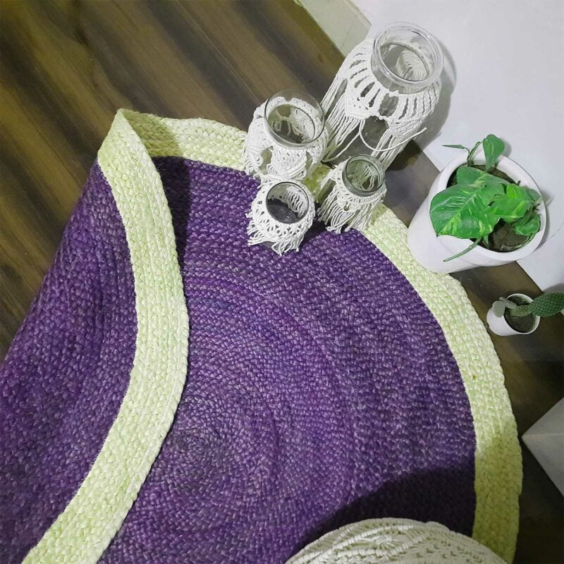 Jute Mat – Natural Rugs – Braided Area Rug – Grape- Voilet With Border – Handmade & Unbleached – Avioni Premium Eco Collection