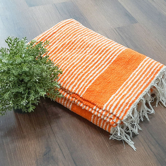 Clearance Sale-Avioni Handloom Luxe Cotton Durries in White and Orange Stripes- 90cm x 150cm (~3×5 Feet)