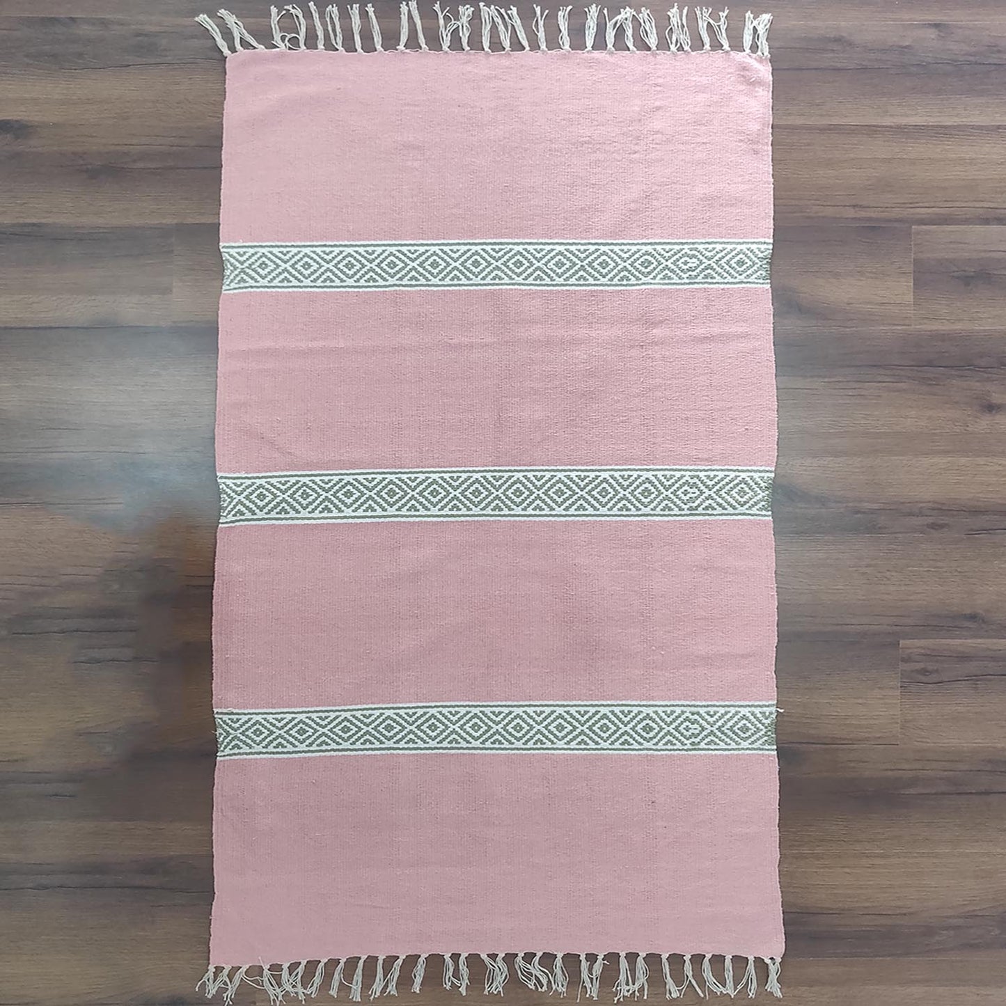 Avioni 100% Cotton Handloom Floor Rug / Durrie – Neohome Collection – Green stripes on pink background