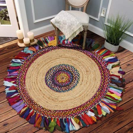 Jute With Chindi Flares Carpets – Braided Area Rugs – Round Rug Handmade- Avioni
