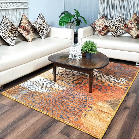 Avioni Luxurious Washable Modern Durable Handmade Vibrant Faux Silk Rug/Carpet In Golden Floral