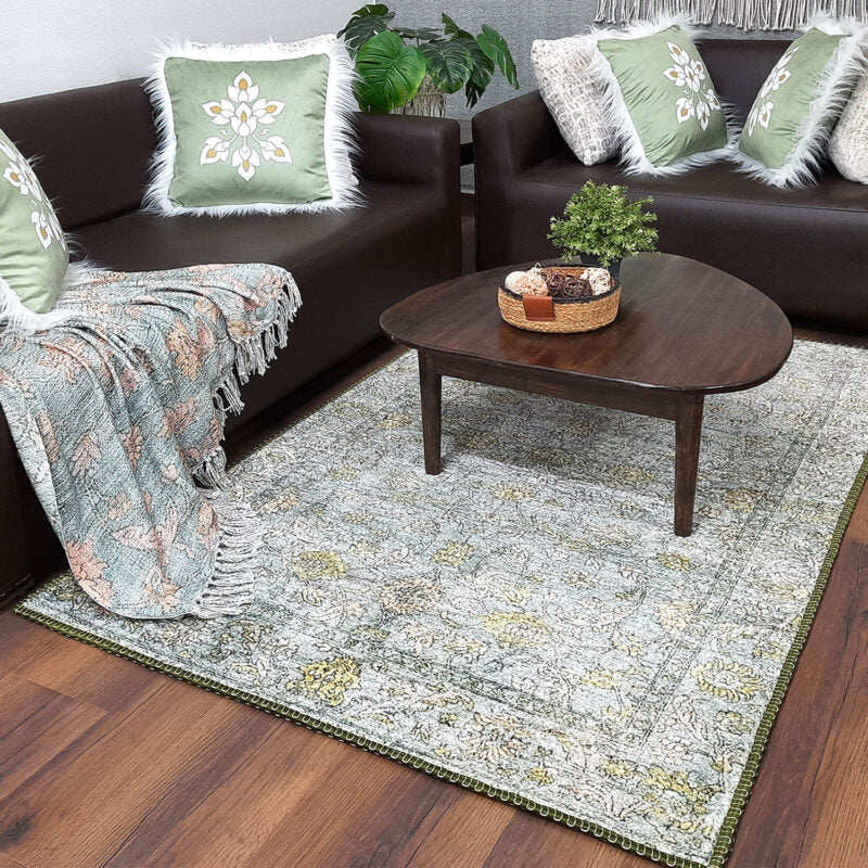 Avioni Faux Silk Rug for Living Room | Luxurious Abstract Persian Design | Durable and Washable | Calming Green Collection