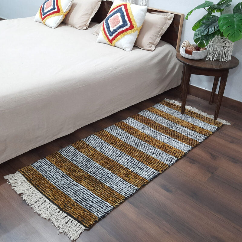 Avioni Handloom Washable Golden Yellow and White Solid Premium Bedside Carpet (55cm x 137cm (~22″ x 55″))