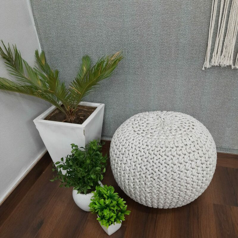 Avioni Home- Hand Knotted Natural Dyed Cotton- Silver/Light Gray Colour- Filled with FR Beans- Large Size-35cm x 50cm x 50cm