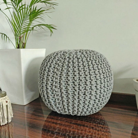 BIGMO Luxury Hand Knotted Boho Look Pouf/ Ottoman Large Size- Steel Gray- 35cmx40cmx40cm