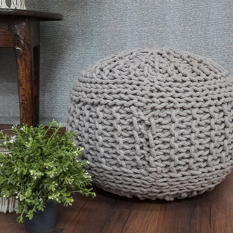 BIGMO Luxury Hand Knotted Boho Look Pouf/ Ottoman Extra Large Size Silver Colour- 35cm x 50cm x 50cm