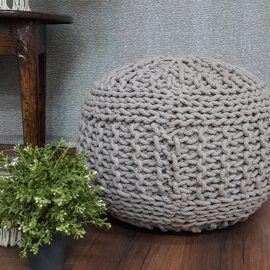 BIGMO Luxury Hand Knotted Boho Look Pouf/ Ottoman Extra Large Size Silver Colour- 35cm x 50cm x 50cm